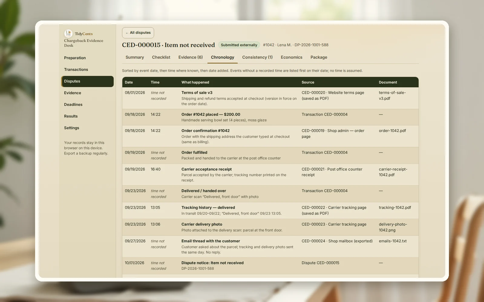 Chronology of an item-not-received dispute in Chargeback Evidence Desk: terms, order, carrier acceptance, delivery scan, delivery photo and e-mails in date order