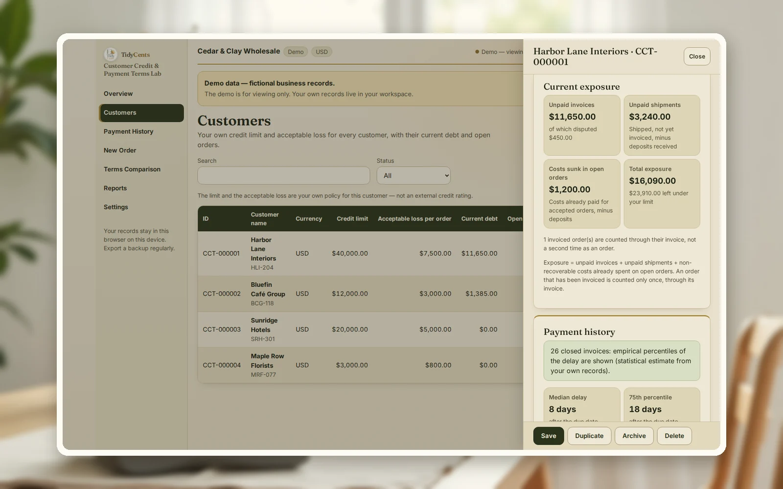 Customer record in the Customer Credit & Payment Terms Lab with credit limit, acceptable loss and open invoices