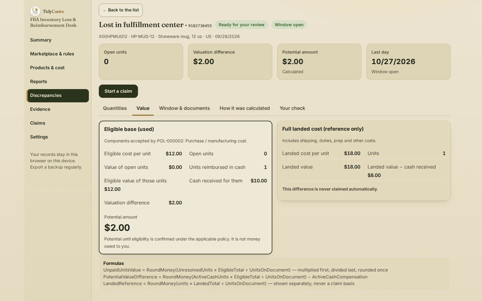 FBA Inventory Loss & Reimbursement Desk: eligible base against full landed cost — 0 open units, $12.00 eligible value, $10.00 received, $2.00 potential, $18.00 landed cost shown for reference only