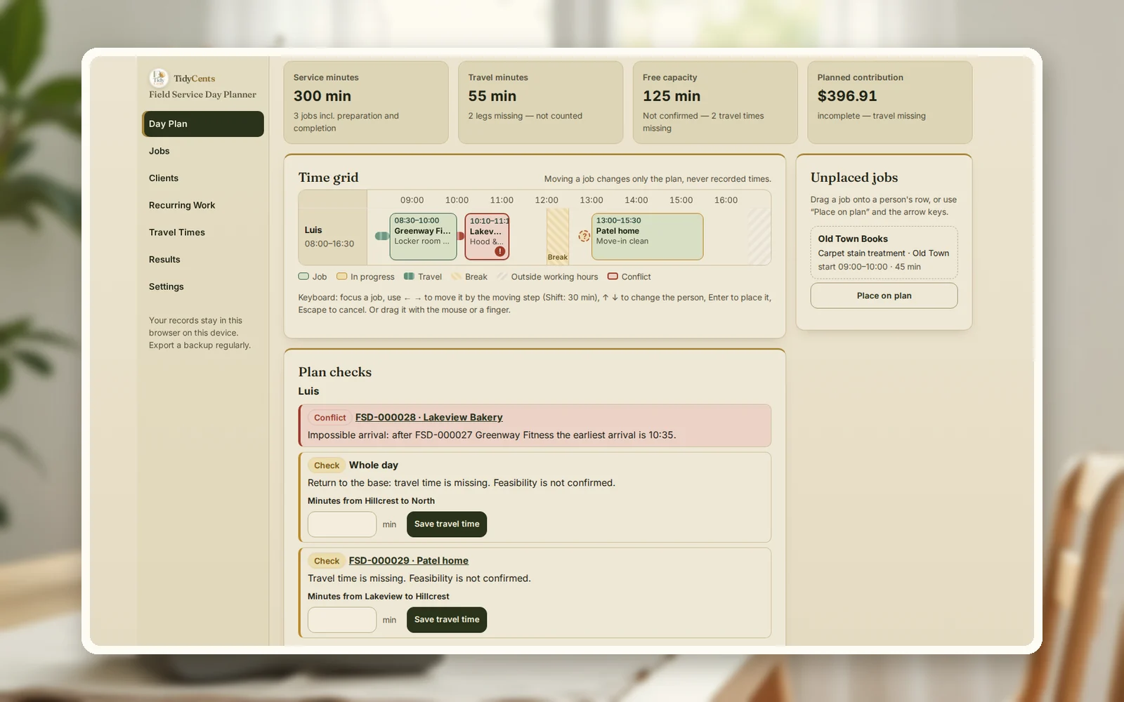 Conflict in the Field Service Day Planner: an impossible arrival flagged before the day starts