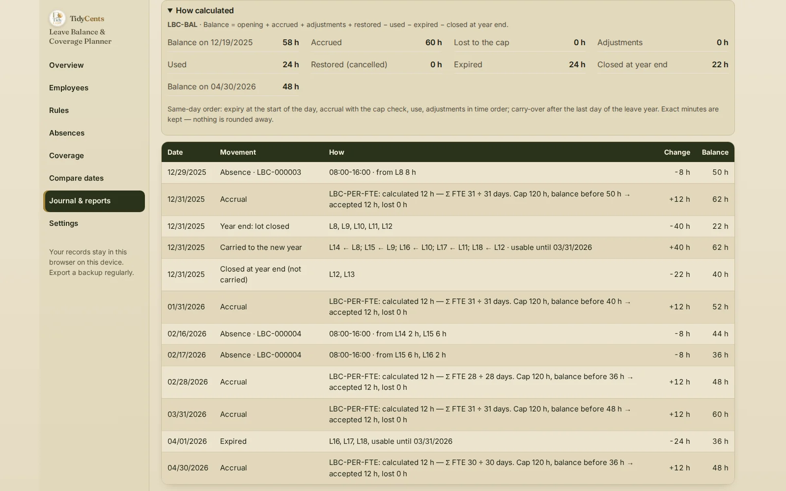 Leave Balance & Coverage Planner: How calculated — opening balance, monthly accruals with the cap check, absences, year-end carry-over and expired hours with the running balance