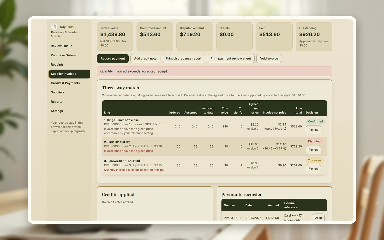 Three-way match on one supplier invoice in Purchase & Invoice Match: confirmed, disputed and to-clarify lines
