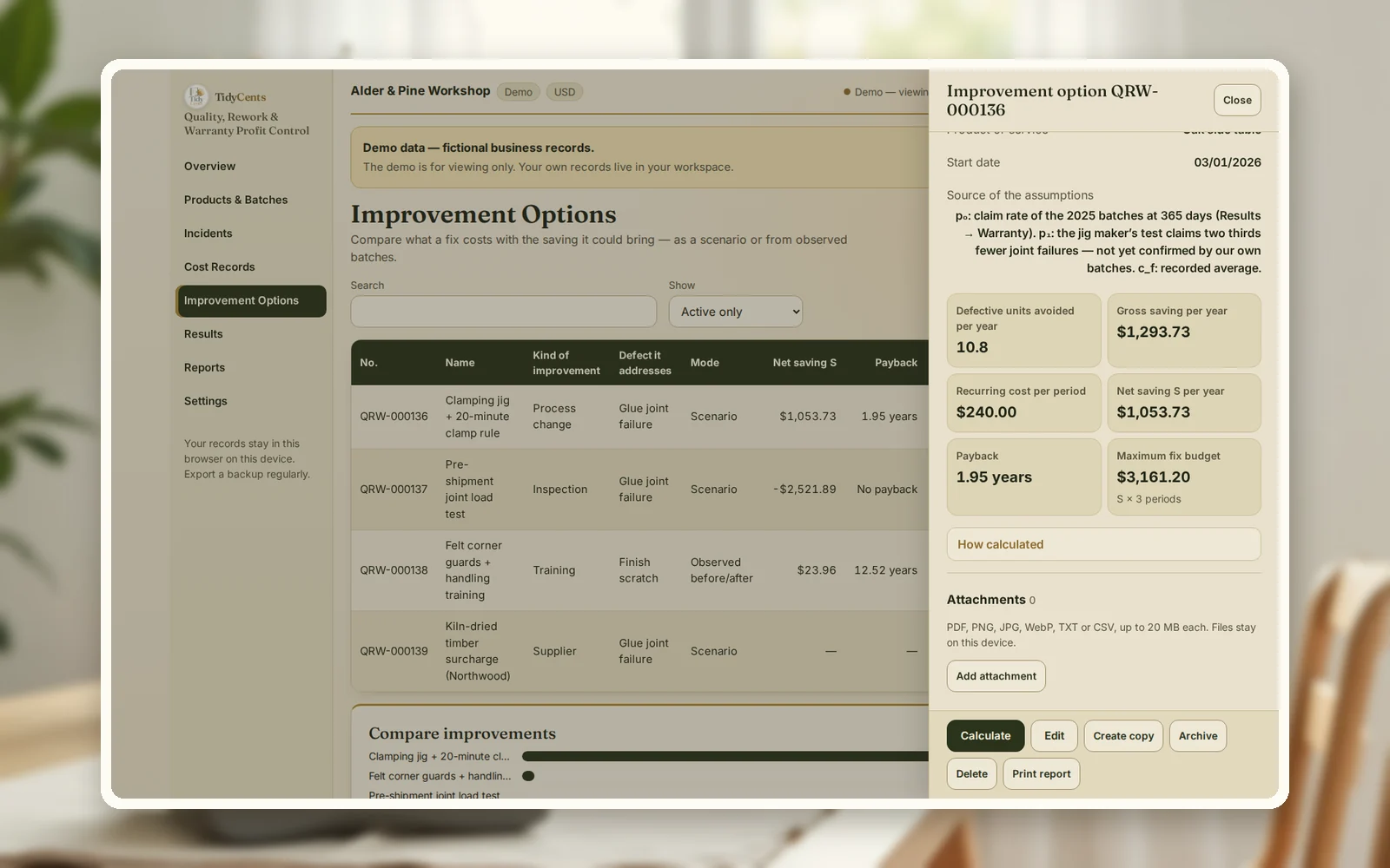 Improvement check in Quality, Rework & Warranty Profit Control: saving and payback of a fix before paying for it