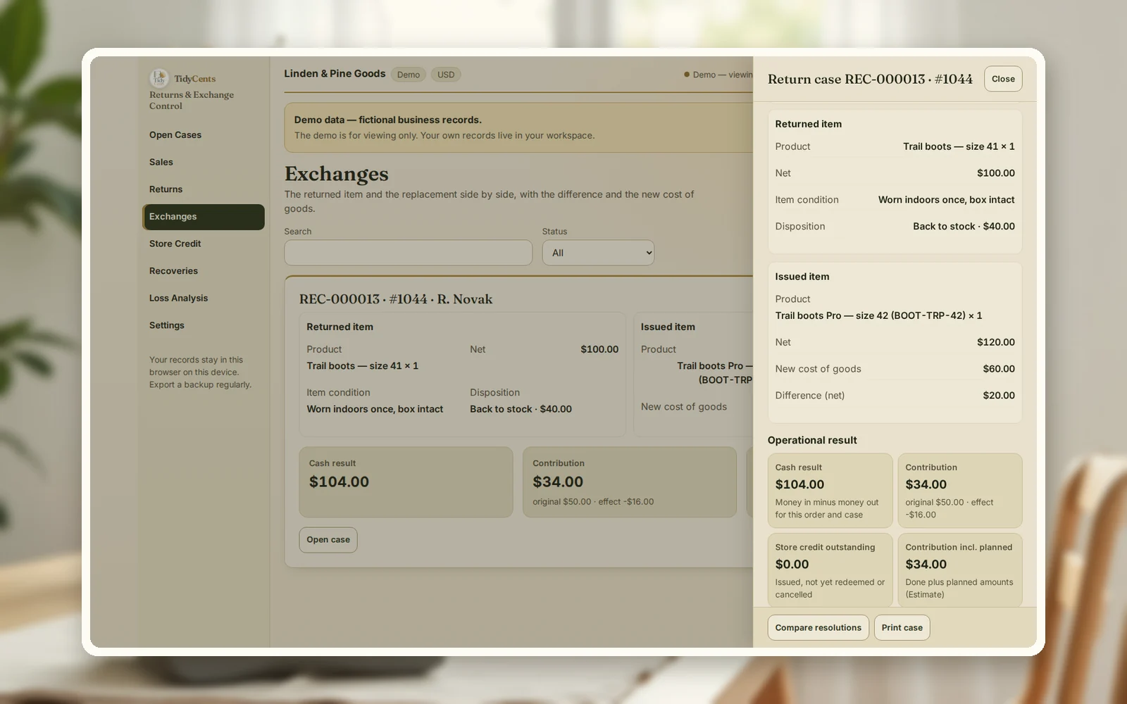 An exchange in Returns & Exchange Control: returned and issued item side by side with the cash result and contribution