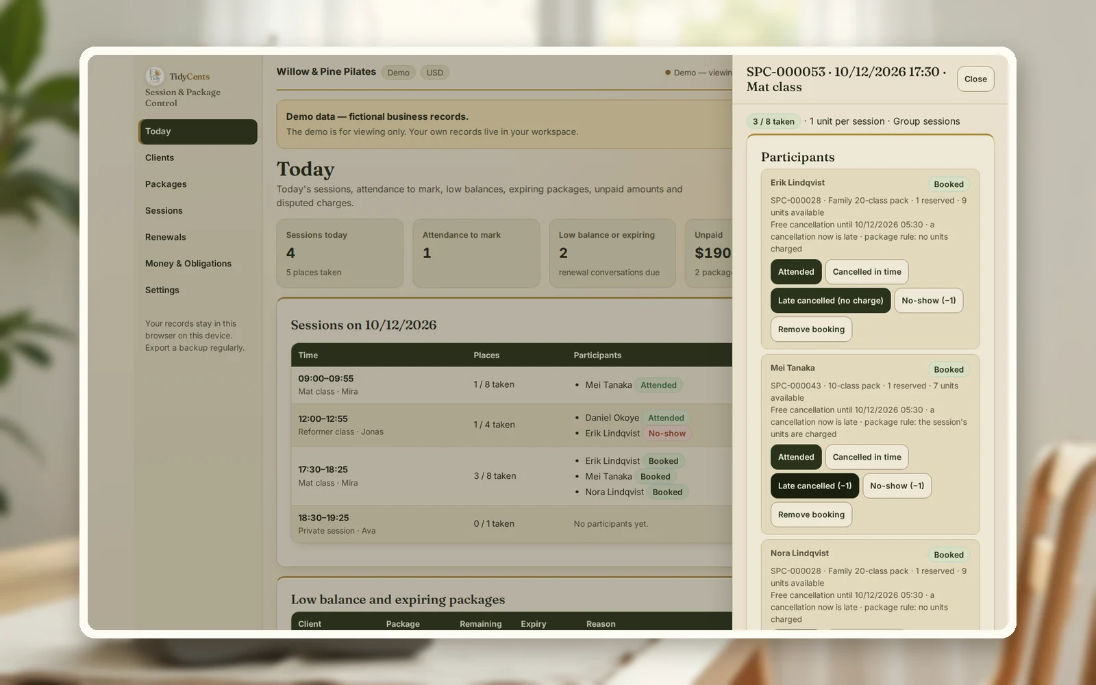 Today screen in Session & Package Control: sessions, attendance to mark, low balances, unpaid amounts and the cancellation rule shown per participant