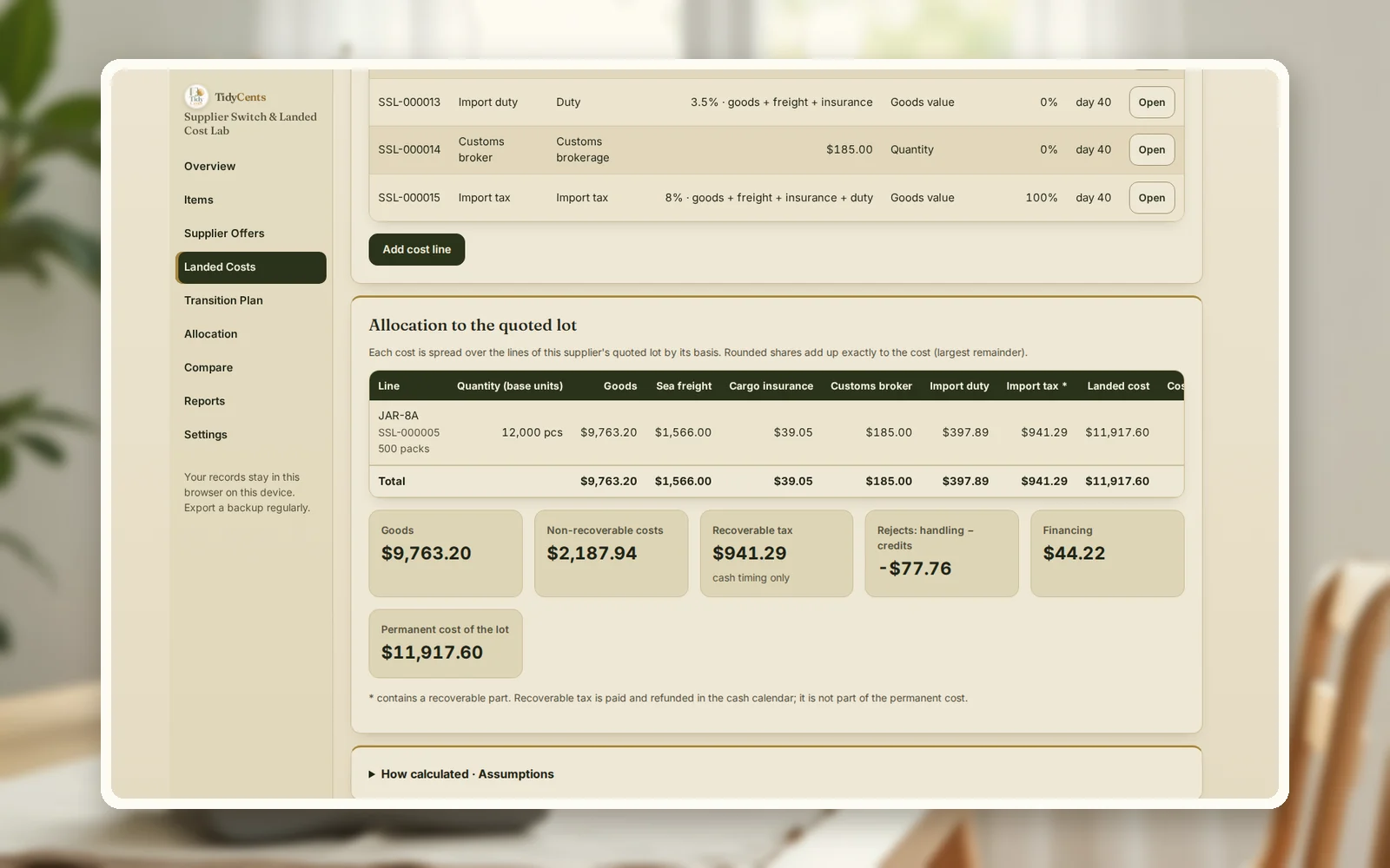 Landed cost allocation: freight, insurance and fees spread over every line of a shipment