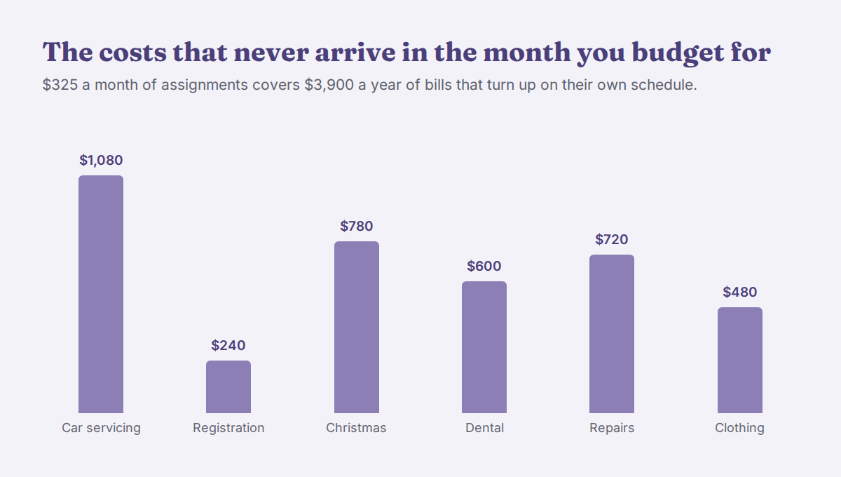 Bar chart of annual irregular costs: car servicing and tyres $1,080, vehicle registration $240, Christmas and birthdays $780, dental and medical $600, home repairs $720, clothing $480.