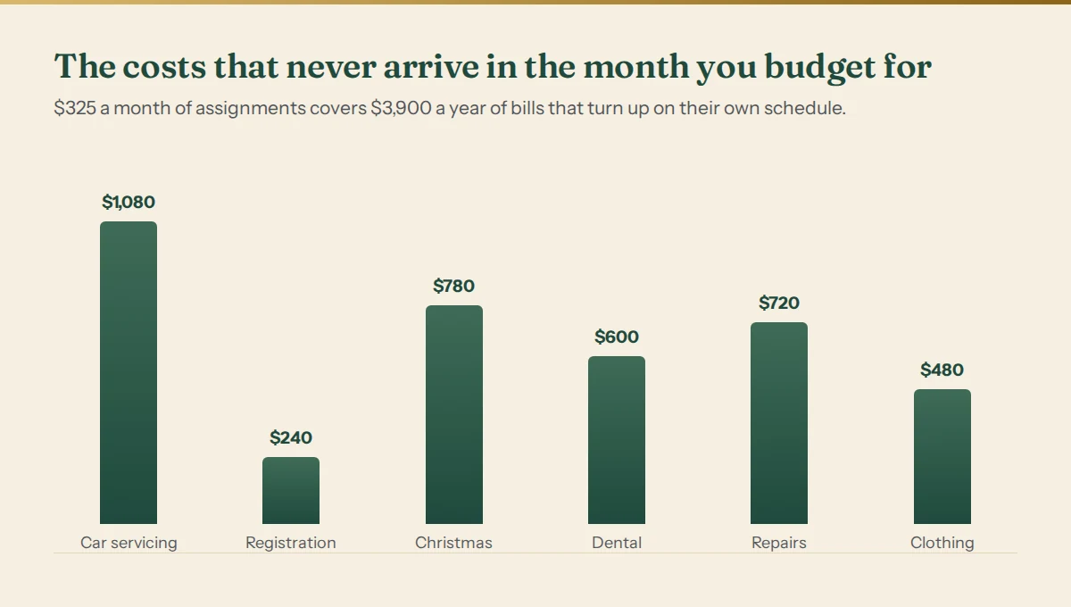 Bar chart of annual irregular costs: car servicing and tyres $1,080, vehicle registration $240, Christmas and birthdays $780, dental and medical $600, home repairs $720, clothing $480.