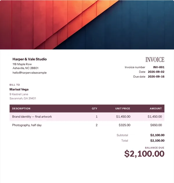 Agency diagonal invoice template — free Digital and plain invoice that adds up the totals for you