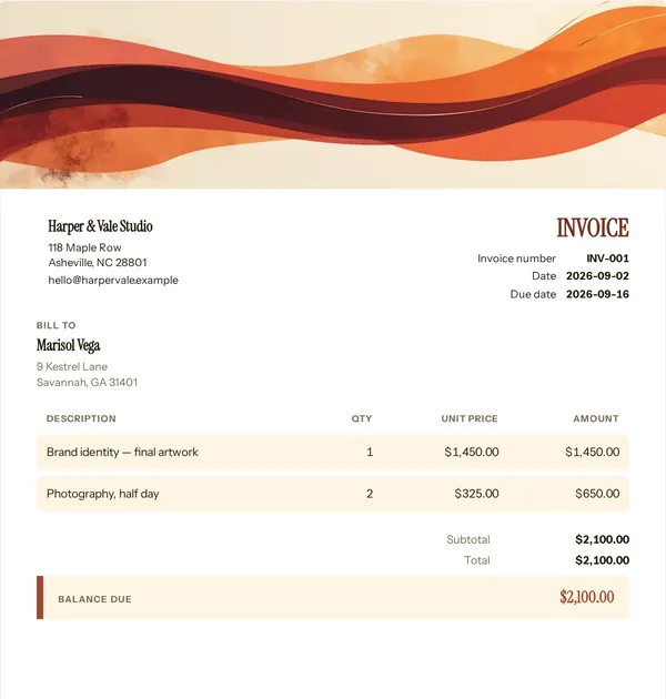 Bakery arch invoice template — free Food and events invoice that adds up the totals for you