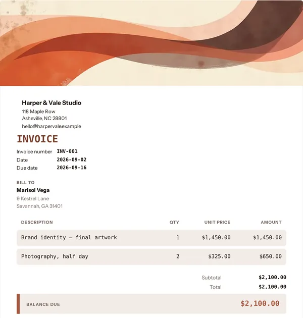 Barista invoice template — free Food and events invoice that adds up the totals for you