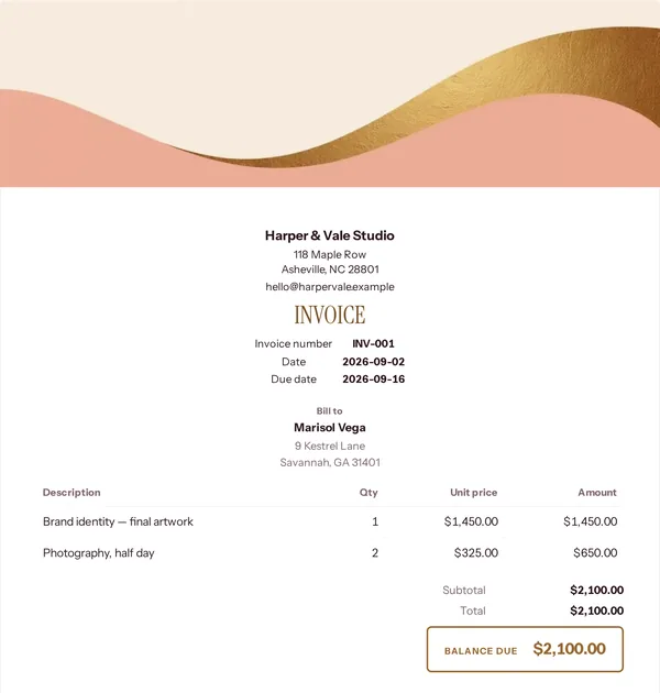 Blush arch invoice template — free Beauty and wellbeing invoice that adds up the totals for you