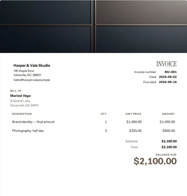 Broker gold invoice template — free Office, law and finance invoice that adds up the totals for you