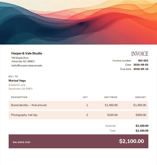 Canvas wave invoice template — free Creative work invoice that adds up the totals for you