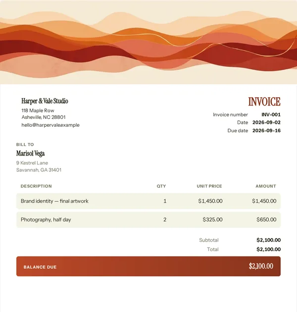 Catering band invoice template — free Food and events invoice that adds up the totals for you