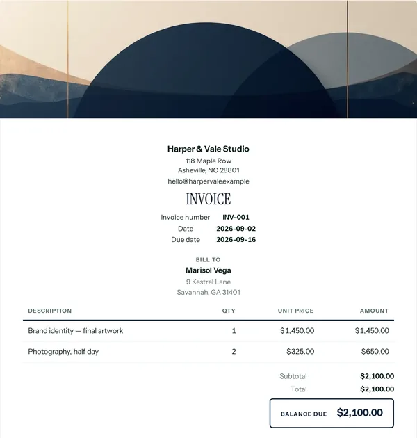 Chamber arch invoice template — free Office, law and finance invoice that adds up the totals for you
