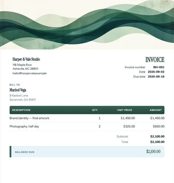 Cleaning wave invoice template — free Home, transport and services invoice that adds up the totals for you