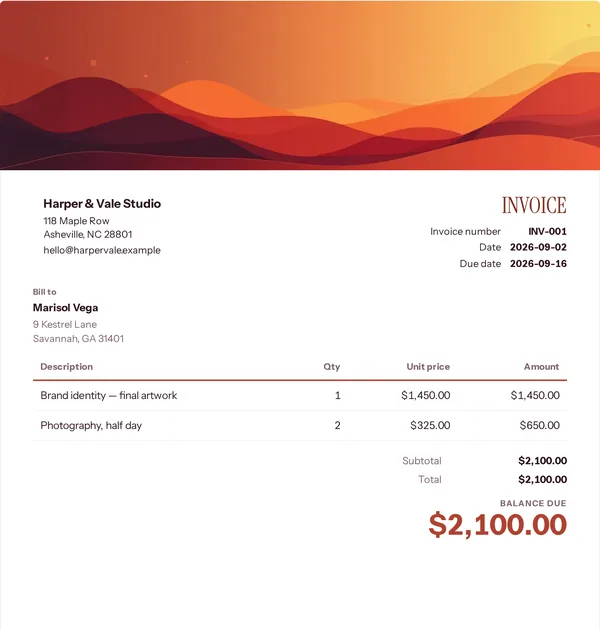 Florist wave invoice template — free Food and events invoice that adds up the totals for you