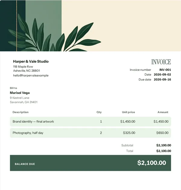 Garden column invoice template — free Home, transport and services invoice that adds up the totals for you