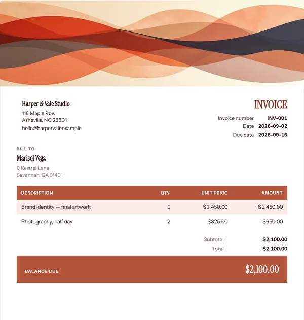 Kitchen ribbon invoice template — free Food and events invoice that adds up the totals for you