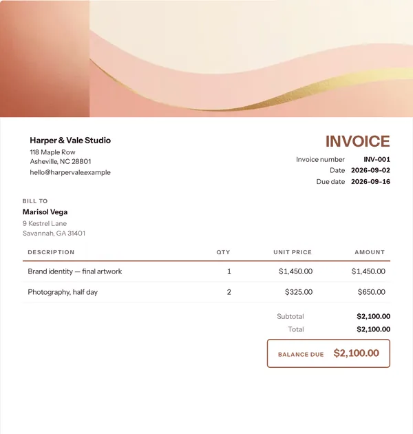 Mauve column invoice template — free Beauty and wellbeing invoice that adds up the totals for you