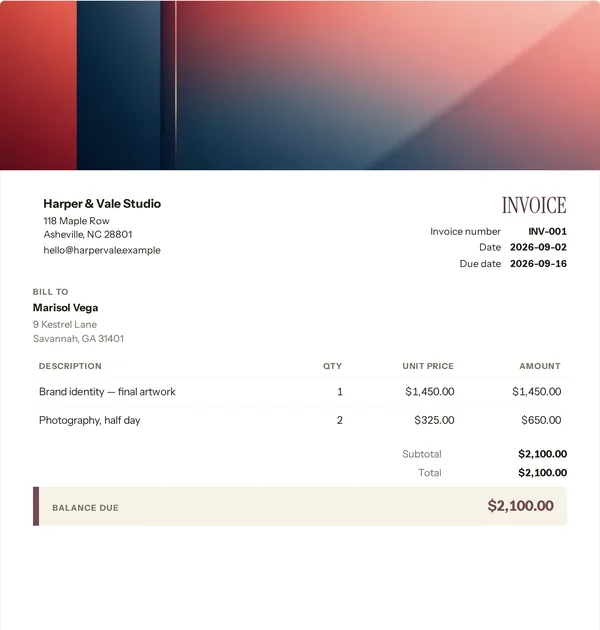Lens sand invoice template — free Creative work invoice that adds up the totals for you