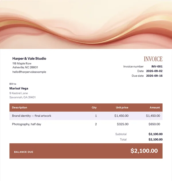 Lilac wave invoice template — free Beauty and wellbeing invoice that adds up the totals for you
