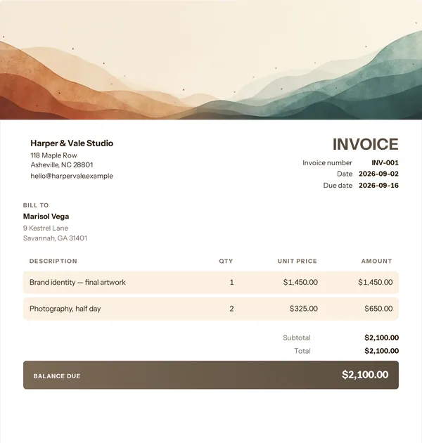 Movers bar invoice template — free Home, transport and services invoice that adds up the totals for you