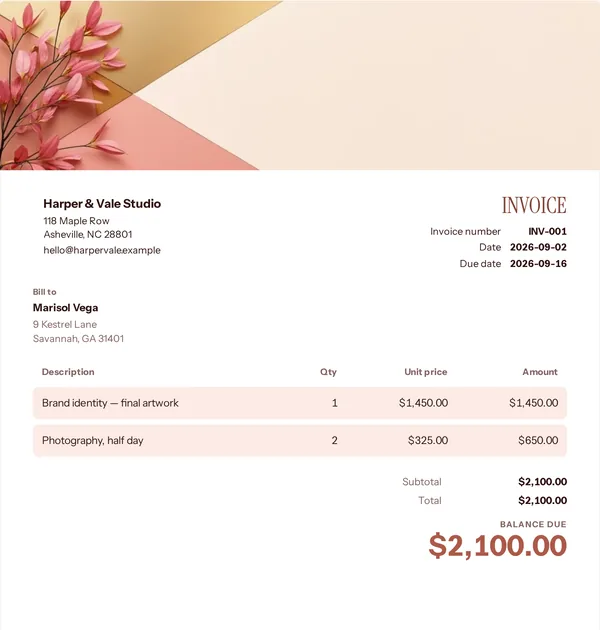 Coral corner invoice template — free Beauty and wellbeing invoice that adds up the totals for you