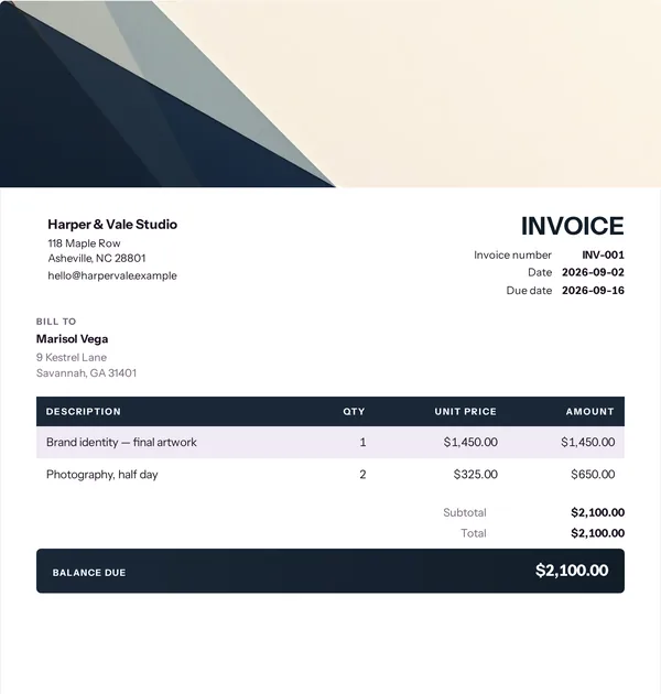 Palette corner invoice template — free Creative work invoice that adds up the totals for you