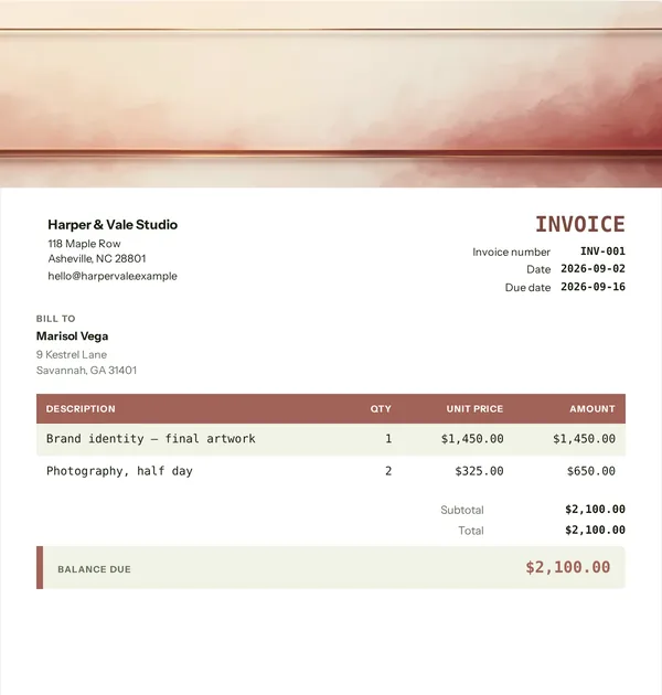 Print shop invoice template — free Creative work invoice that adds up the totals for you