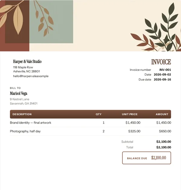 Realty panel invoice template — free Home, transport and services invoice that adds up the totals for you