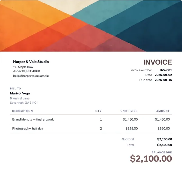 Reel midnight invoice template — free Creative work invoice that adds up the totals for you