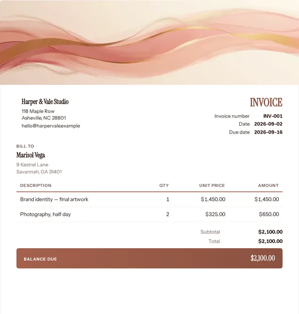 Rose gold ribbon invoice template — free Beauty and wellbeing invoice that adds up the totals for you