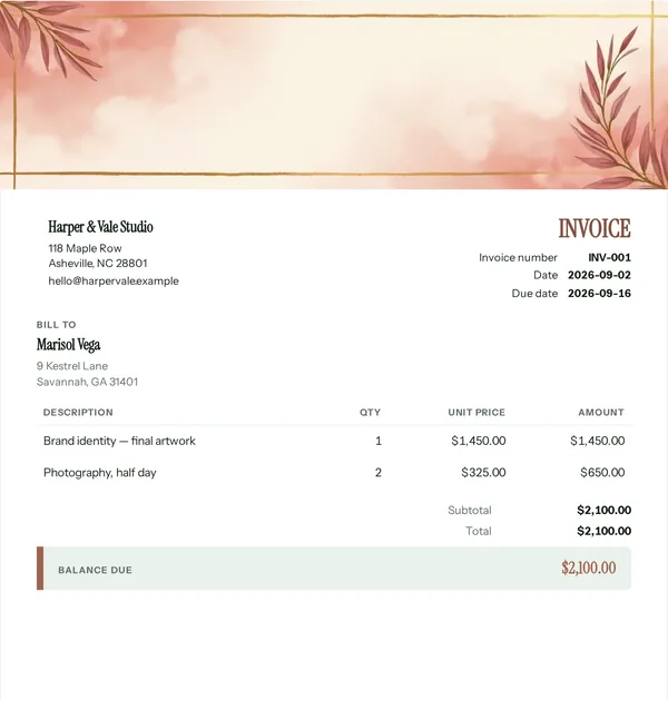 Spa frame invoice template — free Beauty and wellbeing invoice that adds up the totals for you