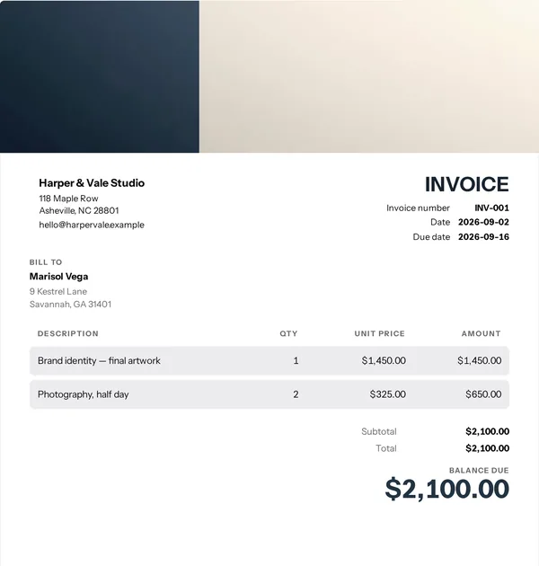 Studio noir invoice template — free Creative work invoice that adds up the totals for you