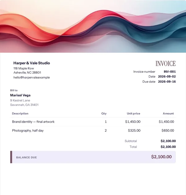 Therapy arch invoice template — free Health, care and teaching invoice that adds up the totals for you