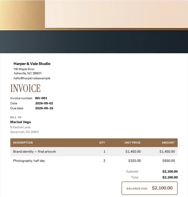 Typeset invoice template — free Creative work invoice that adds up the totals for you