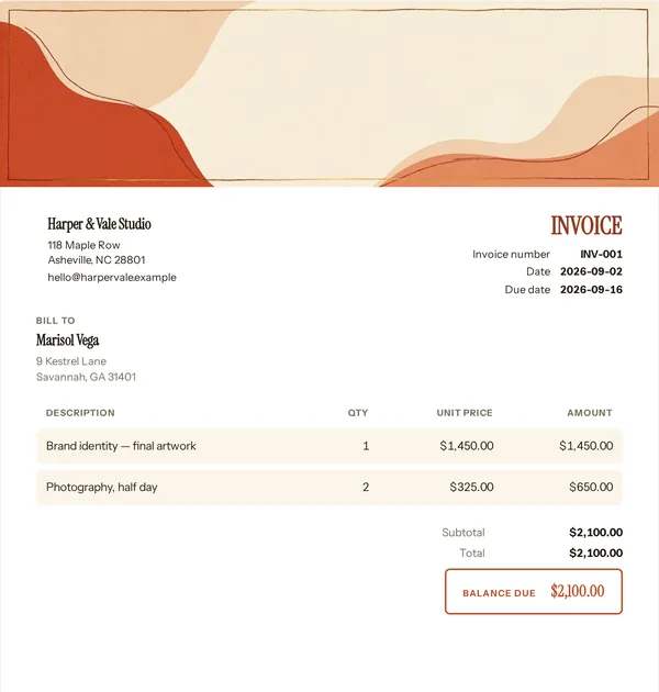 Wedding frame invoice template — free Food and events invoice that adds up the totals for you