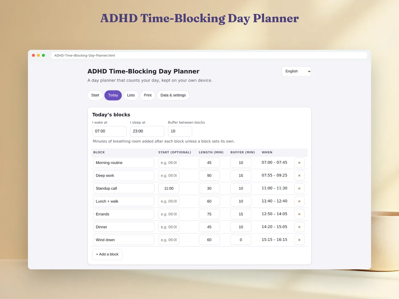 Agenda Giornaliera a Blocchi Orari per l'ADHD