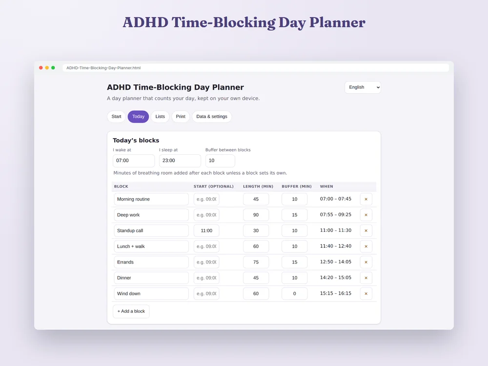 Agenda Giornaliera a Blocchi Orari per l'ADHD — Pagina 1
