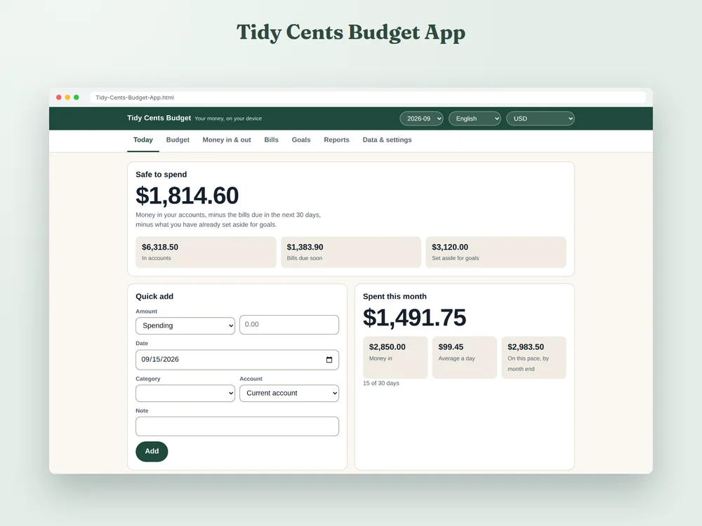 Tidy Cents Budget App — Page 1