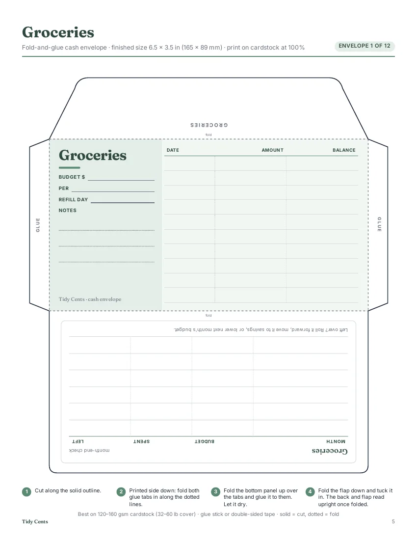 Cash envelope template + tracker