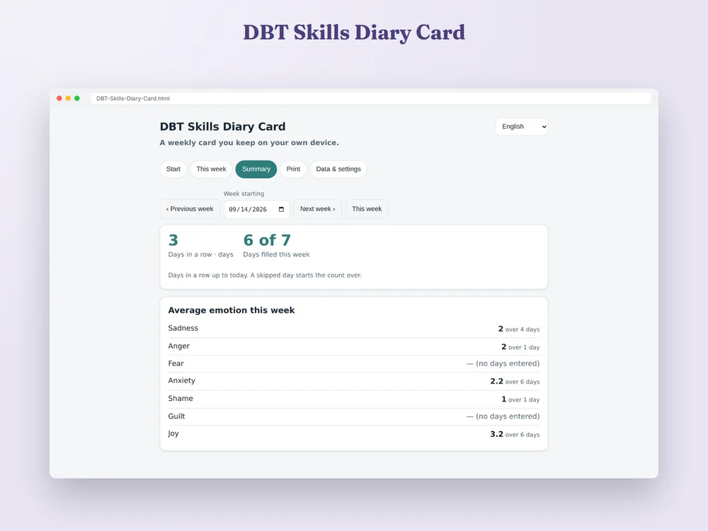 Cartão Diário de Habilidades DBT — Página 1