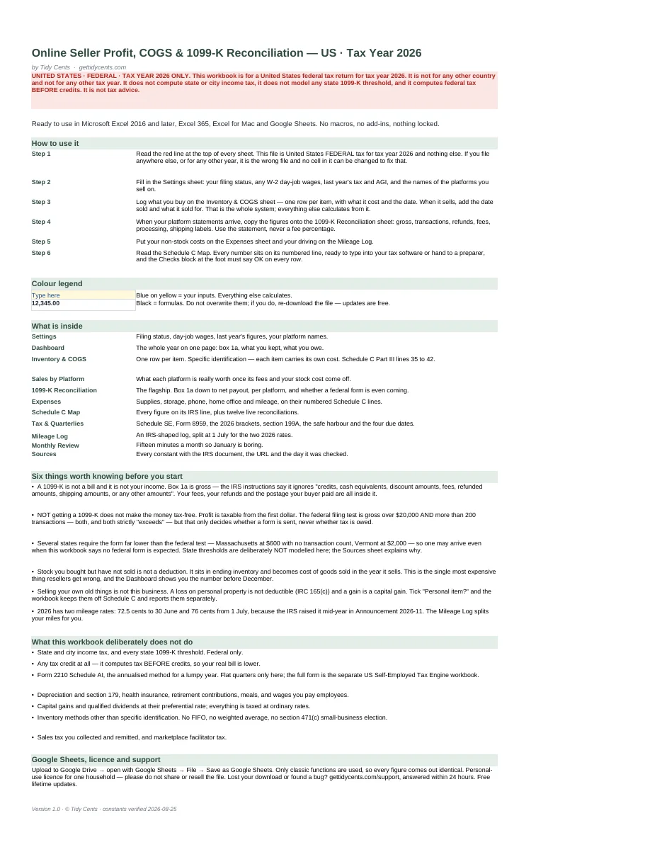 Online Seller Profit, COGS & 1099-K Reconciliation — US · Tax Year 2026 — Page 1