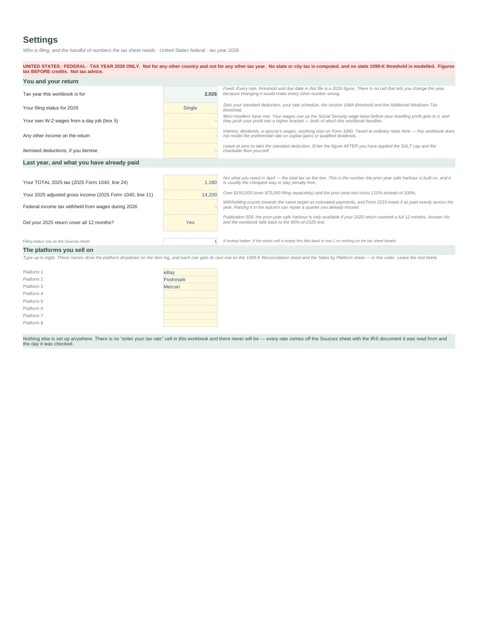 Online Seller Profit, COGS & 1099-K Reconciliation — US · Tax Year 2026 — Page 2