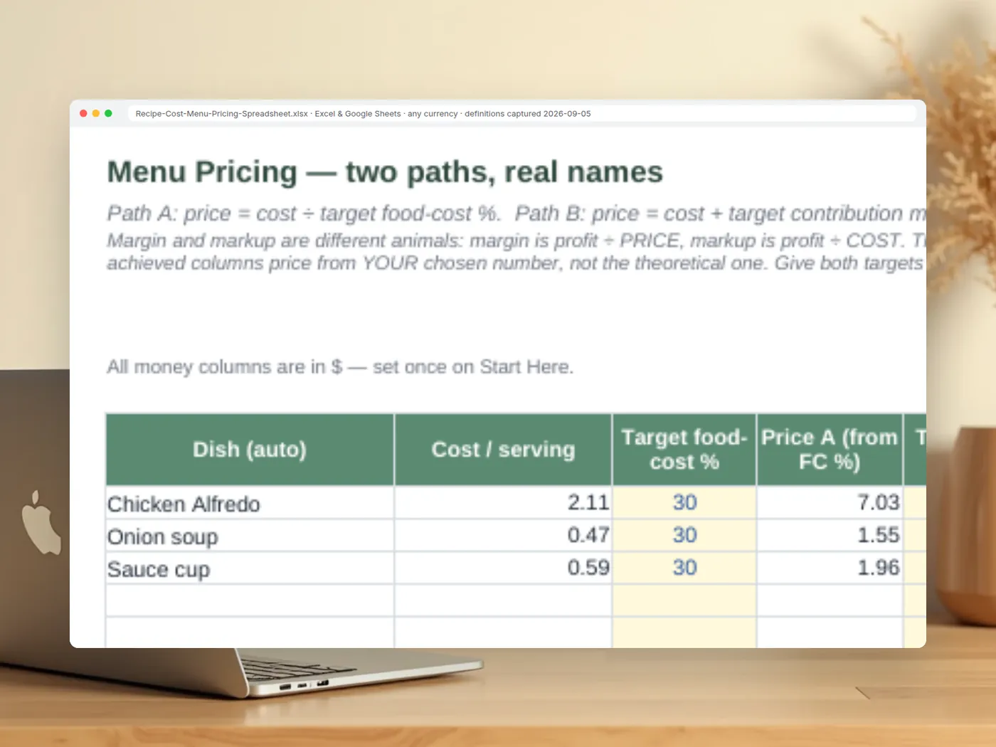 Recipe Cost & Menu Pricing Spreadsheet — yields, sub-recipes and menu engineering · any currency