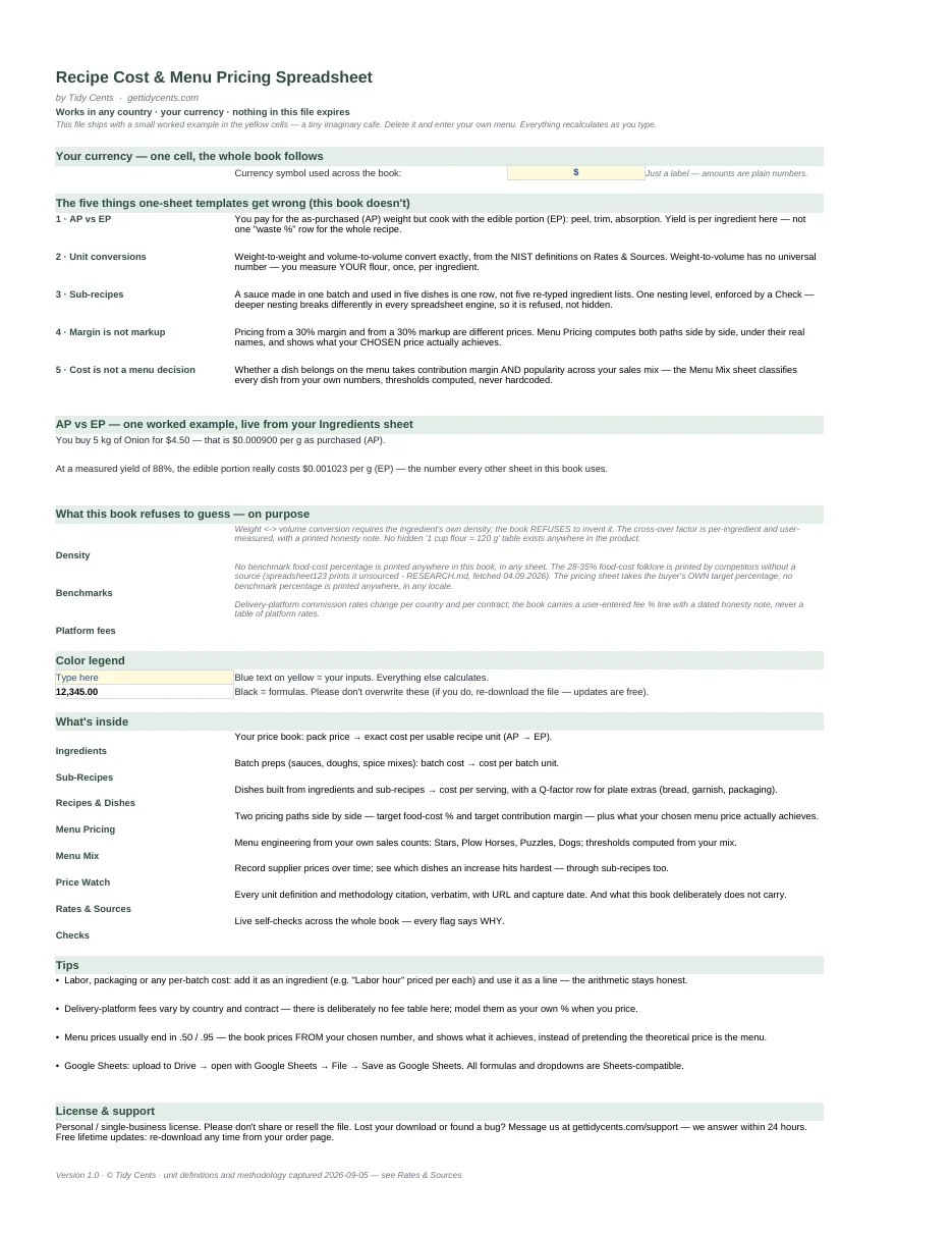 Recipe Cost & Menu Pricing Spreadsheet — yields, sub-recipes and menu engineering · any currency — Page 1