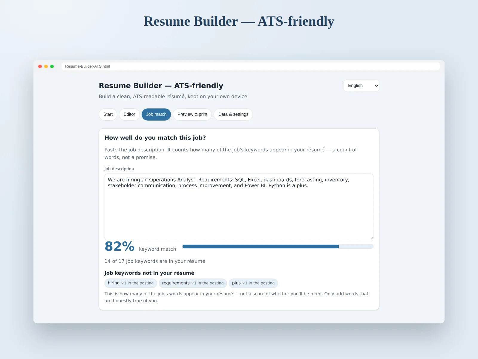 Resume Builder — ATS-friendly preview