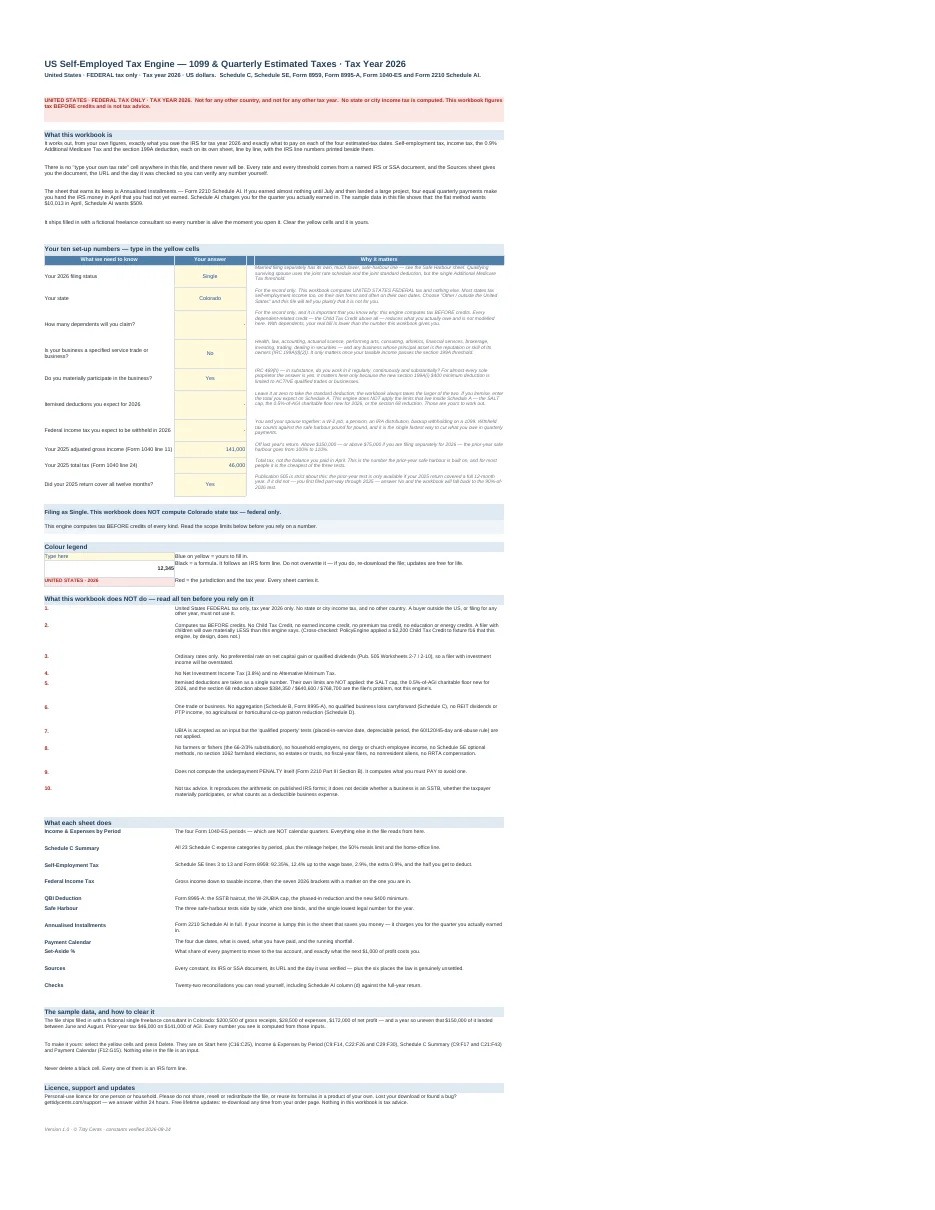 US Self-Employed Tax Engine — 1099 & Quarterly Estimated Taxes · Tax Year 2026 — Page 1